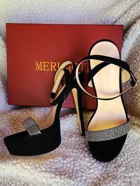 Black Rhinestone Platform Heels - Merumote